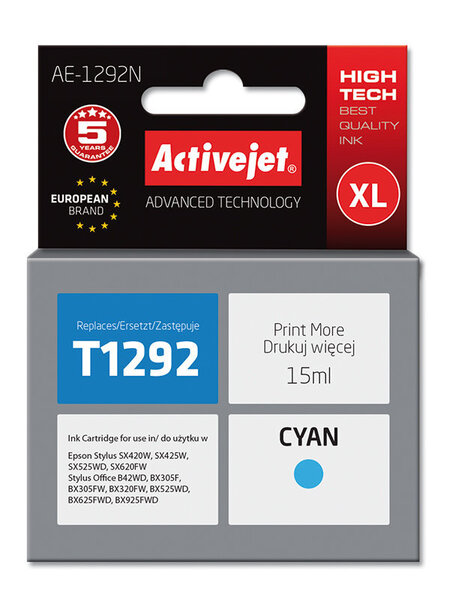 Tindiprinteri kassett ActiveJet Epson T1292 Cyan hind ja info | Tindiprinteri kassetid | kaup24.ee