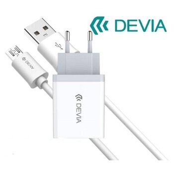 Devia Smart Charger Universal Adaptive Travel Charger USB / 5V / 2.1A / 10.5W + Micro USB Cable 1m, Valge hind ja info | Mobiiltelefonide laadijad | kaup24.ee