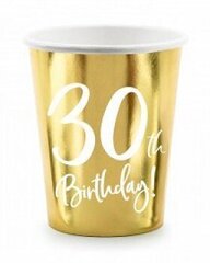 Ühekordsed kuldset värvi topsid „30. sünnipäev“ 220 ml, 6 tk. hind ja info | Ühekordsed nõud | kaup24.ee